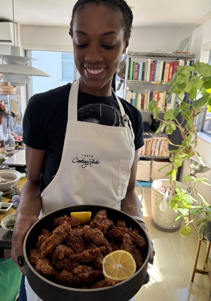 A guest with a pot of karaage